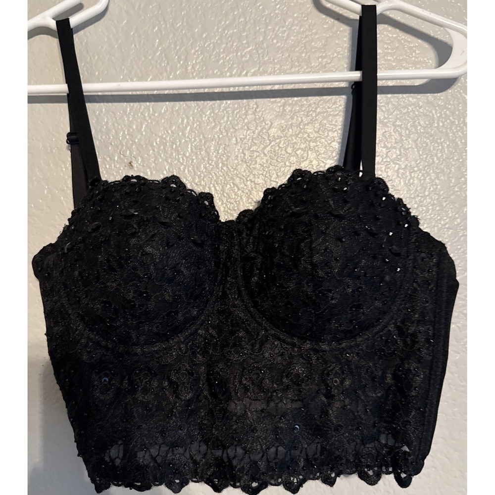 Windsor Black Beaded Rhinestone Bustier Corset Crop Top Women's Size L
